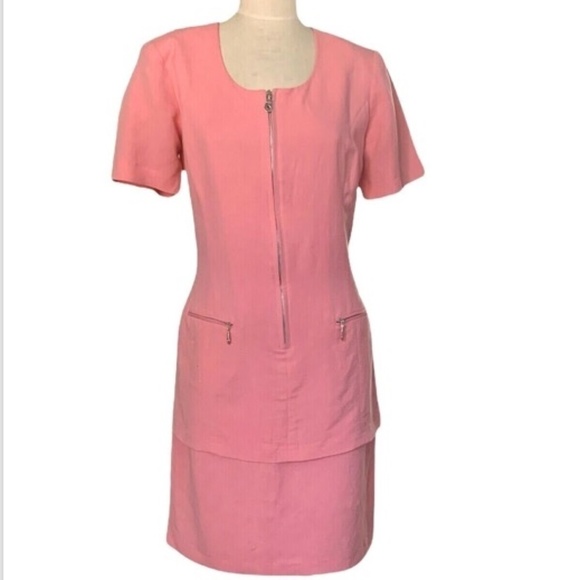 VTG NY Sake Linen Blend Dress Pink Lined Zip Front Sz 12 Short Sleeve #242H - Picture 1 of 4